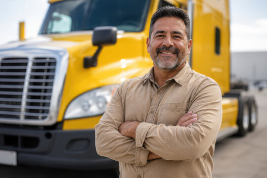Man owner truck driver. Transportation industry. Man driver near lorry truck. Truck driver smiling. Trucking owner. Transportation vehicles. Hispanic man in front of truck. Semi trucks vehicle