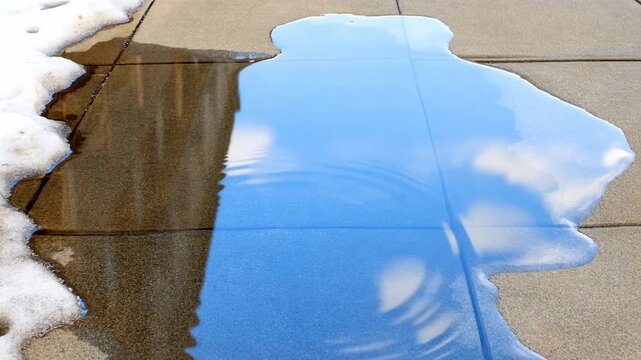 Circular ripples spread across a shallow puddle on tiled pavement, reflecting blue sky, white clouds, and a nearby building beside patches of snow along the wet edges