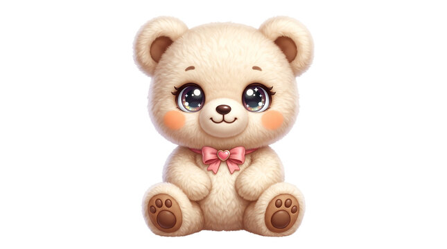 Adorable teddy bear character with pink bow, cute plush animal toy illustration, soft cream colored baby bear for nursery decor isolated PNG with Transparent Background