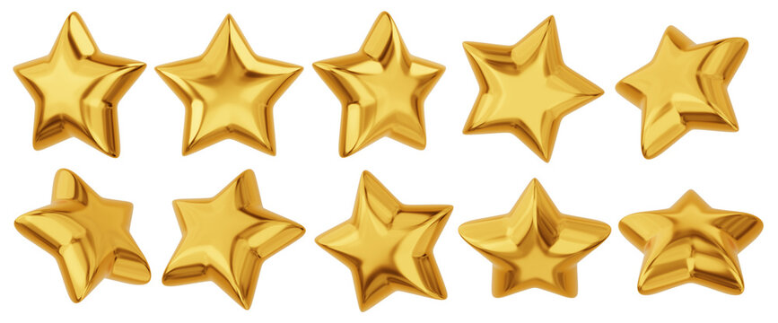 Isolated 3D rendered collection of metallic gold stars in various angles for customer rating interfaces premium quality markers and achievement awards.