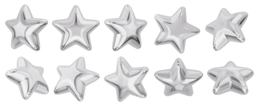 Isolated silver star foil balloons float in various angles. 3D rendered set for celebration and award design.