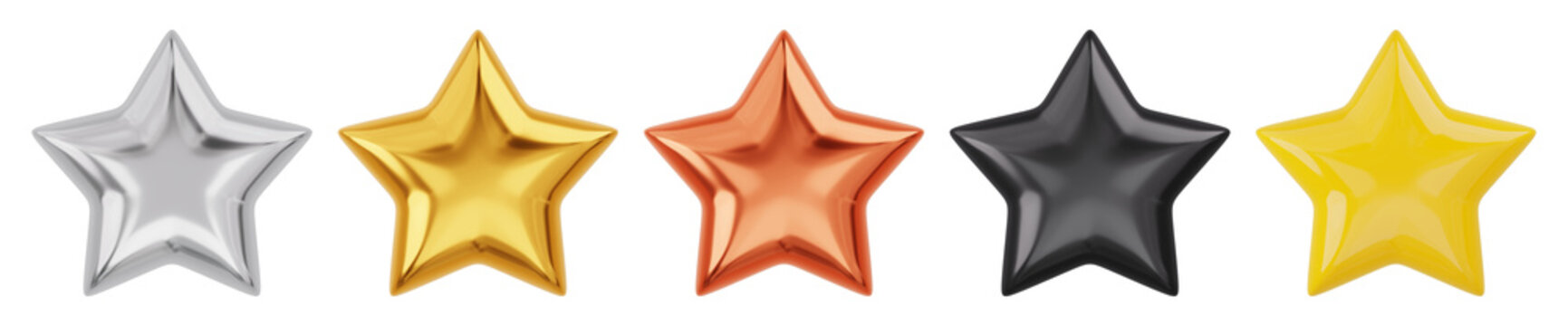 Set of Silver Gold Bronze and Black Metallic Stars. Isolated 3D Rendering.