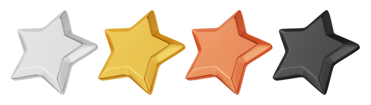 Customer loyalty programs and tiered membership levels design. A set of isolated angled silver gold bronze and black stars. 3D rendering.
