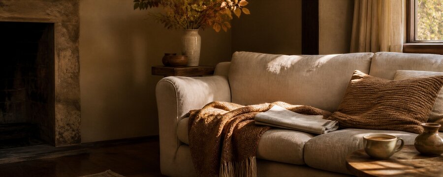 Cozy cottage living room with sofa, knitted blanket and newspaper in warm sunlight. Autumn home interior with fireplace, vase and cup of coffee. Nostalgia and slow living concept.