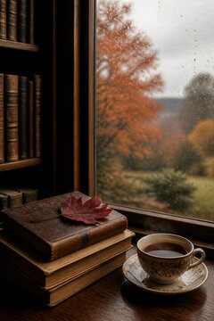 Old vintage books with red maple leaf and cup of tea on windowsill by rainy window. Cozy autumn reading atmosphere. Dark academia aesthetic and hygge concept.