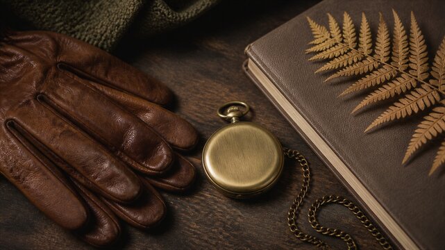 Vintage leather gloves with pocket watch and old book with dried fern leaf on wooden table. Dark academia aesthetic. Autumn nostalgia, classic literature and retro fashion concept.