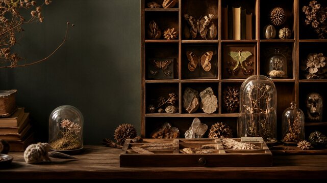 Curiosity cabinet with butterfly specimens, dried flowers and old books on wooden table. Dark academia aesthetic, natural history collection and vintage entomology display.
