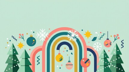 Fototapeta premium Contemporary Christmas composition with colorful abstract arches, floating festive shapes, stylized pine trees, stars and modern decorative elements