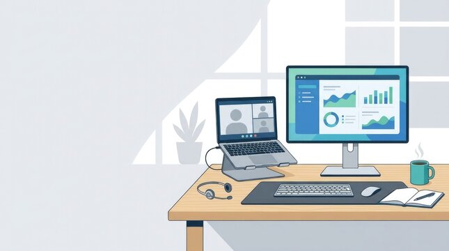 Hybrid work concept with laptop, external monitor, wireless keyboard, headphones, coffee mug and notebook arranged on a clean minimalist desk,