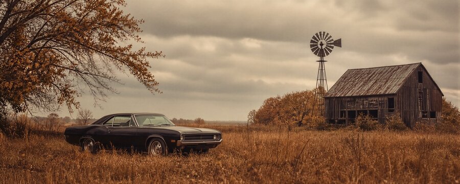 Classic vintage muscle car parked in autumn field near old wooden barn and windmill. Rural American countryside landscape. Nostalgic americana heritage and road trip concept.
