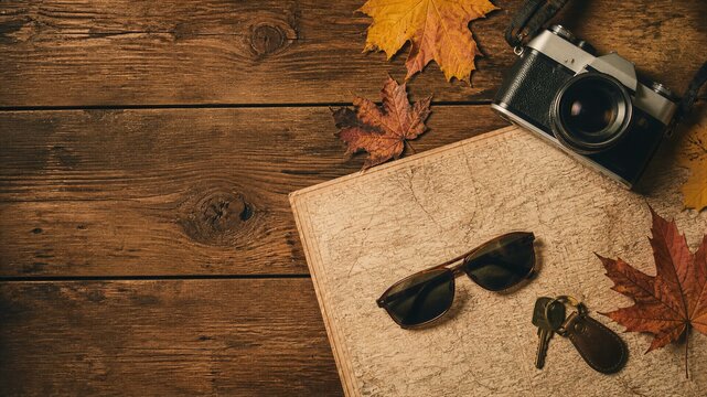 Vintage film camera with old road map, sunglasses and keys with autumn maple leaves on wooden table. Retro travel and road trip planning concept with copy space.