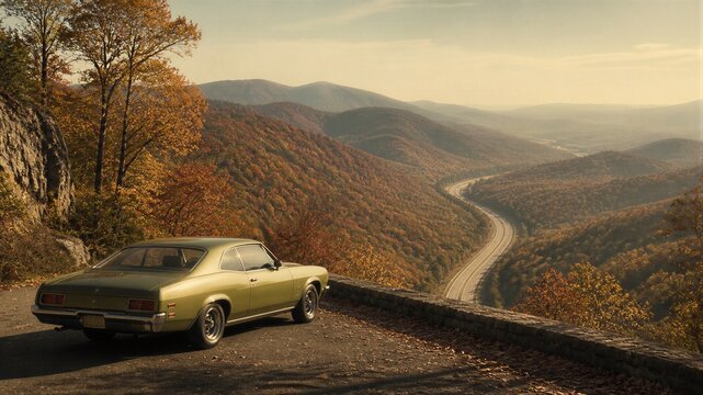 Vintage car parked at mountain overlook with autumn foliage. Classic automobile on scenic road in fall season. Retro road trip through colorful forest landscape at sunset.