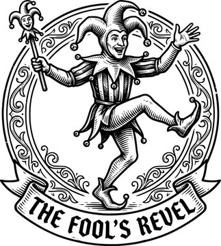 Dancing medieval jester. Vintage engraving vector illustration. Logo, emblem, woodcut. Black and white line art
