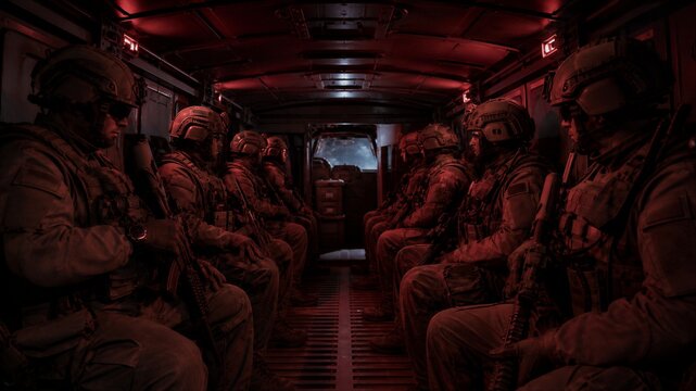 Soldiers in tactical gear sitting inside military helicopter cabin in red light. Special forces squad preparing for night operation. Military mission and defense concept.