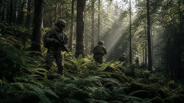 Soldier with rifle walking through dense forest during military patrol. Armed men in camouflage moving in formation among trees. Army operation and infantry mission concept.
