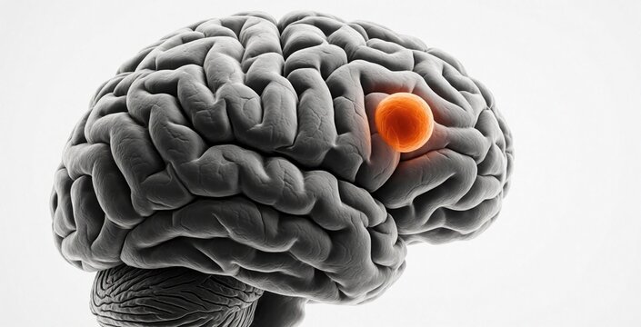 Side view of human brain illustration showing stroke damage area. Orange highlight marks cerebral injury site within anatomy. Medical diagram concept for health research.