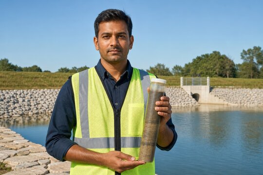 Stormwater Drain Inspection Waist Up Camera Facing Portrait One Engineer Build Holding Sealed Transparent Sediment