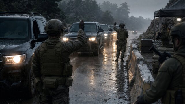 Soldiers at military checkpoint directing convoy of vehicles on muddy road in rain. Armed forces traffic control, defense and security operation concept.