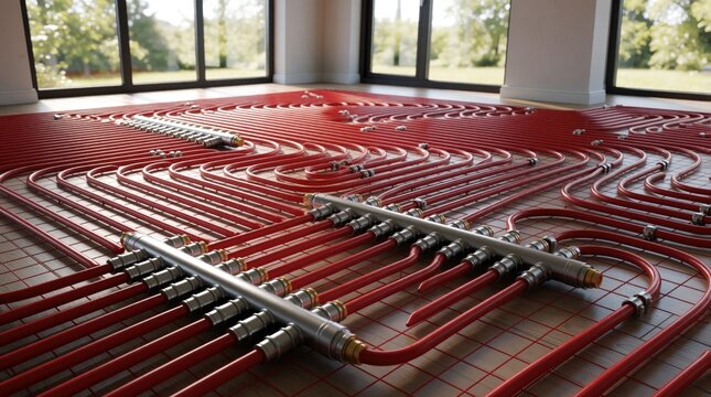 Underfloor heating pipes laid on grid, ready for concrete. Water manifold distributes heat across wooden floor. Modern building heating system installation. Eco-friendly warmth.