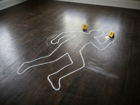 Crime Scene Chalk Outline With Evidence Markers On Dark Floor