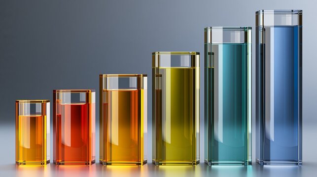 Six ascending glass prism blocks with colorful liquid forming a rising bar chart for business growth and science analytics
