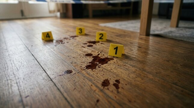 Crime Scene Evidence Markers On Bloody Wooden Floor
