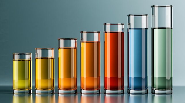 Ascending glass tubes filled with colorful liquid forming a rising bar chart for science research and business growth