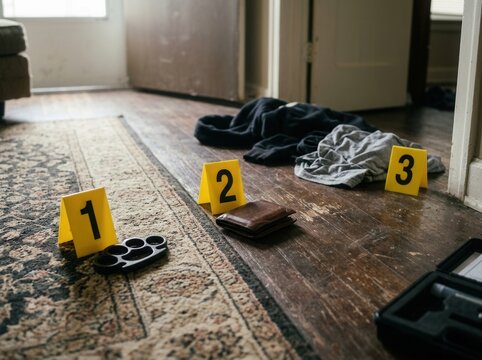 Crime Scene Evidence Markers Yellow Numbers Indicate Objects Of Investigation