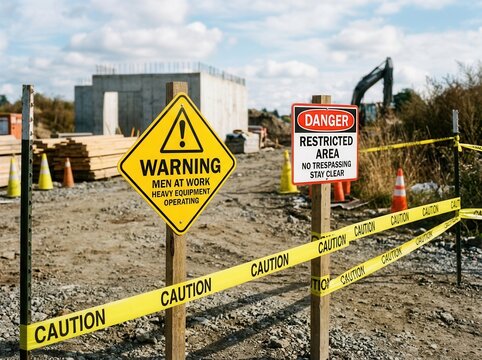 Construction Zone Warning Signs And Caution Tape For Safety
