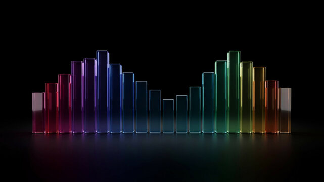Translucent glass bar graph equalizer with a full spectrum of colors, arranged in a wavy pattern on a dark reflective surface, symbolizing music, audio levels, and digital data flow