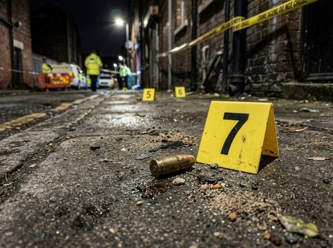 Crime Scene Evidence At Night Alley With Yellow Markers And Police Activity