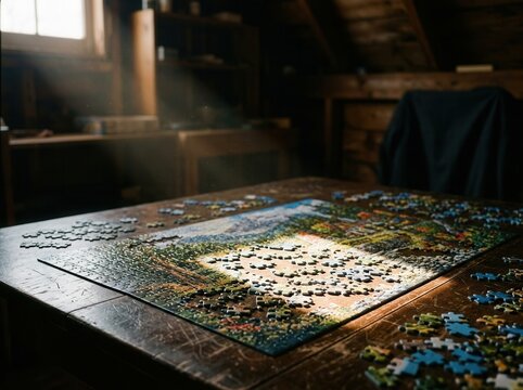 Cozy Attic Puzzle Time With Sunbeams Shining Through Window