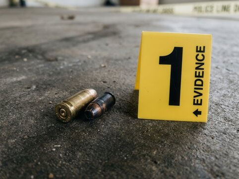 Crime Scene Evidence Bullet Casings Marked With Number One Yellow Marker