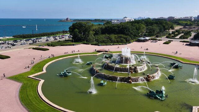 Aerial footage of Buckingham Fountain in Chicago Illinois USA
