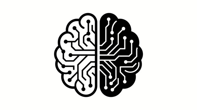 Digital Brain: A stylized representation of a human brain, divided into two halves &ndash; one organic and intricate, the other a circuit board.