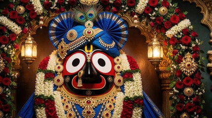 Fototapeta premium Deity Jagannath statue in ornate floral archway with blue turban, gold jewelry and peacock feathers. Red roses, white garlands and lanterns adorn the religious shrine during a festival celebration.