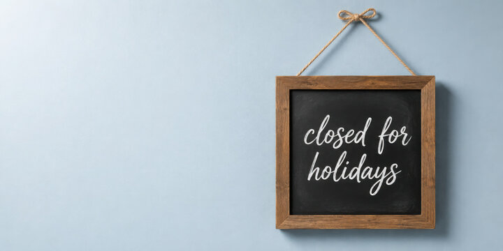 Closed for Holidays Sign. A simple, wooden framed chalkboard sign announces a business closure for the holidays against a light blue background.
