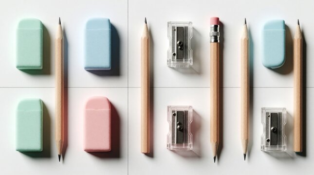 Pencils erasers and sharpeners arranged neatly on a white surface. Minimalist stationery supplies are organized in a clean grid pattern, ready for creative work and study.