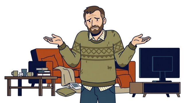 shrugging with palms up in a messy living room, lost remote control, look of defeat, Slavic adult character single scene with character(s), natural po