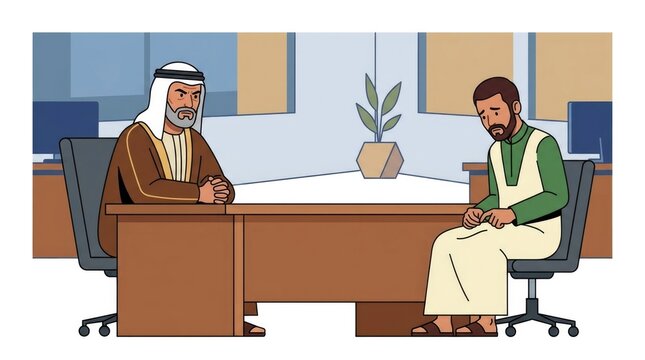 sitting across from a boss character, empty desk between them, uncomfortable silence, Middle Eastern characters single scene with character(s), natura