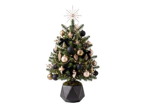 Small christmas tree with black and gold ornaments in geometric pot christmas decoration ornament geometric evergreen