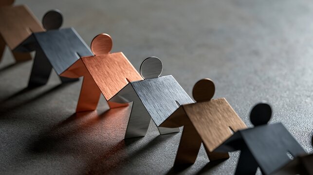 Row of interlocked brushed metal human figures holding hands in paper chain concept representing solidarity and teamwork.