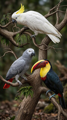 Naklejka premium Exotic birds sulphur-crested cockatoo Cacatua galerita grey parrot Psittacus erithacus and toucan Ramphastos