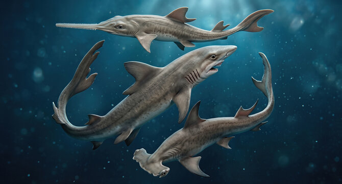 Ancient prehistoric sharks Carcharodon Squalicorax Pristis and Hammerhead Sphyrna in deep water ocean