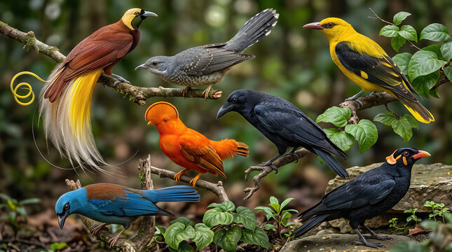 Collage of colorful exotic birds including Greater Bird-of-paradise Paradisaea apoda