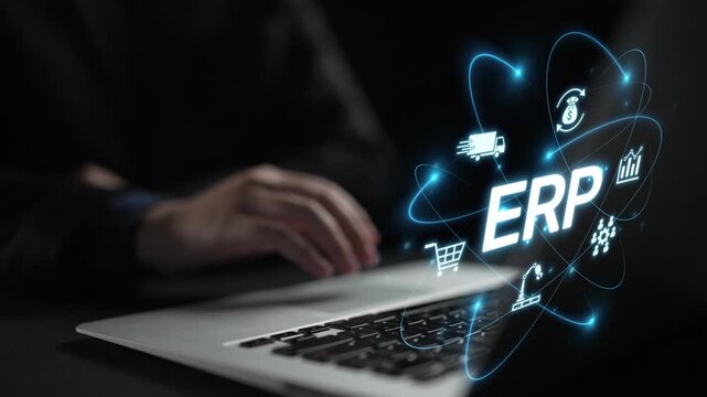 ERP platform visual showing centralized system for enterprise resource planning, improving integration, data flow, business efficiency, finance, inventory, and human resources. Muxer