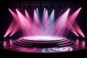 Fototapeta premium Empty concert stage with vibrant pink spotlights illuminating a circular platform. Rays of light pierce smoky air creating atmosphere for performance. Prepare for showtime.