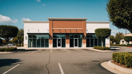 Obraz premium Modern commercial building with large windows sits empty in a sunny parking lot. This retail space is ready for business with clean lines and brick accents under a blue sky.