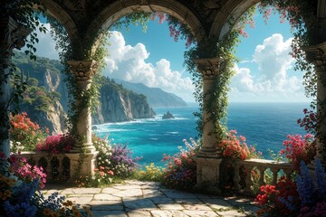Naklejka premium Archway opens to lush garden balcony overlooking blue sea and cliffs. Colorful flowers bloom on stone terrace, ivy climbs pillars near ornate railing. Beautiful seascape vista under bright sky.