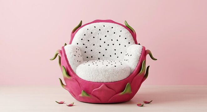 Creative armchair shaped like a fresh dragon fruit with pink and white cushions against a pastel background